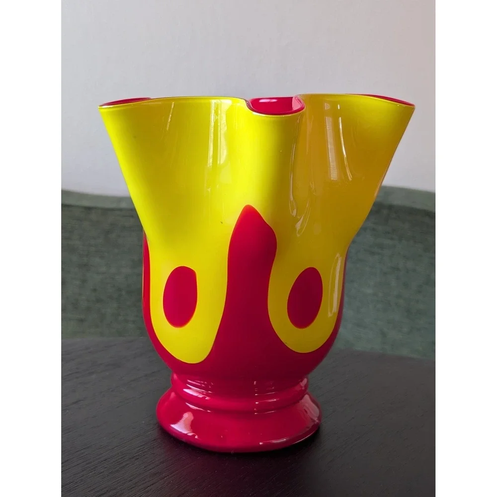 Vintage Yellow Red Ruffled Handkerchief Glass Vase Large Midcentury Modern Art